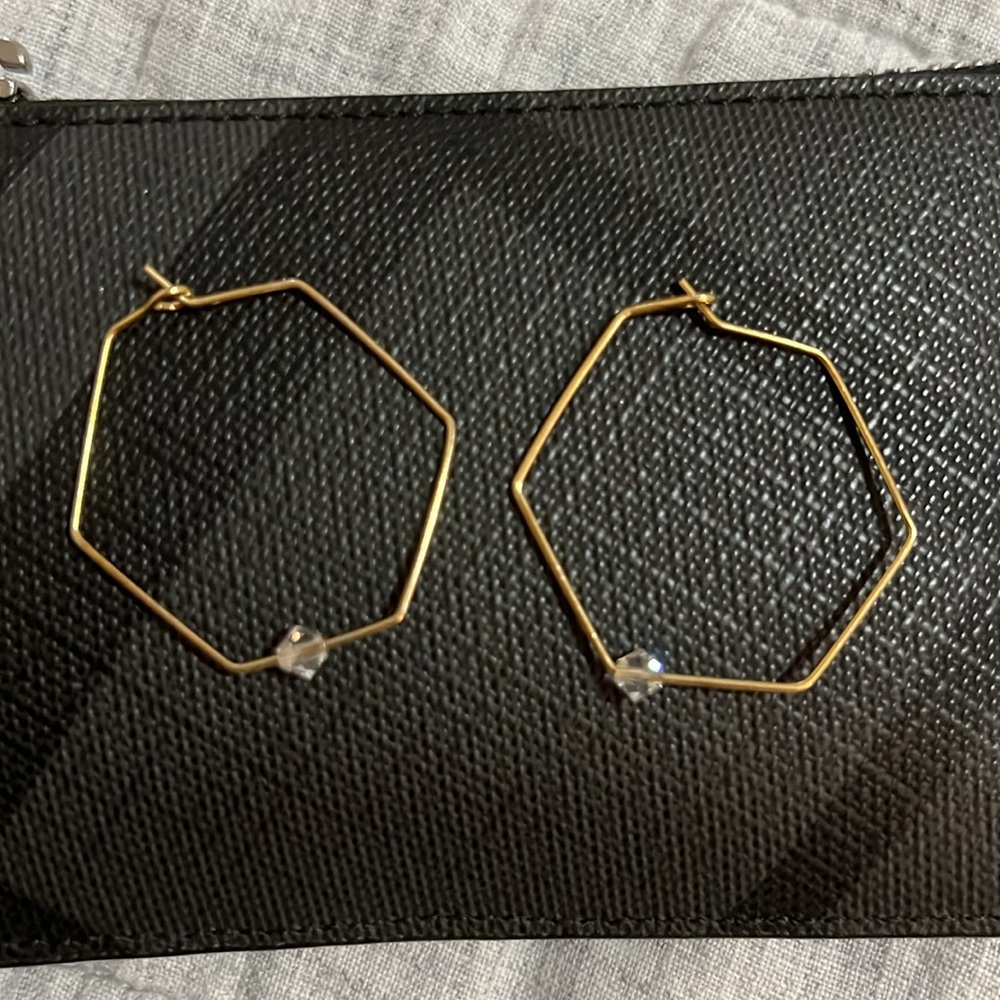 Hexagon Wire Earrings with Clear Bead Detail - 1.5 inches